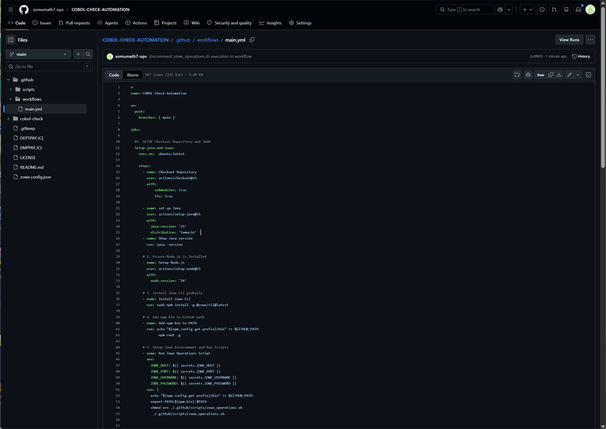 YAML that linked Github to Mainframe